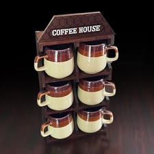 Vintage Brittany Vintage Wooden Coffee House w/6 Stoneware Mugs in Box picture