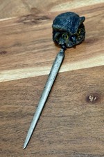 Antique Victorian Spelter Figural Owl Letter Opener Glass Eyes Art Nouveau 7'' picture