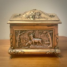 Antique Brass SilverPlate Jewelry Casket Box French Wildlife Signed Louis Rault picture