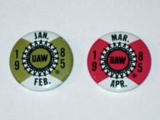Pair of Vintage 1985 UNITED AUTO WORKERS Trade Union Button Pins UAW Pinbacks picture