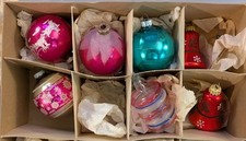 VTG Shiny Brite Glass Christmas Ornaments Lot 7 Stenciled Santa Sleigh Bells MCM picture