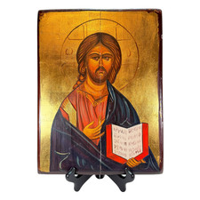 Vintage Polish Christ Pantocrator Pan Swiata Hand Painted Wood Icon 9