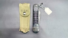 Vintage Colonial USN WWII Folding Survival Knife Saw Blade Black Handle w/ Pouch picture