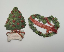 Antique Raphael Tuck Sons Christmas Die Cut Scrap Wreath Tree Saxony Lot of 2 picture