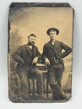 Antique Tintype Handsome Fashionable Men Bowler Hat Pocket Watch picture