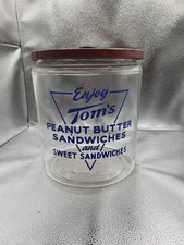 Vtg. Tom’s Peanut Butter Sandwiches Glass Jar Store Counter Display w/ Metal Lid picture
