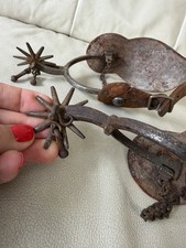 Antique 19thC Hand-Forged Western Cowboy Spurs with Jingle Bobs & Tooled Leather picture
