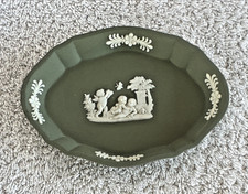 Vintage Wedgwood Jasperware Oval Dish Tray Green Sage Small Scalloped Trinket picture