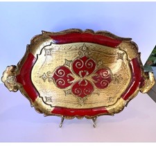 Beautiful vintage Italian Florentine tray; rare colors red and gold picture