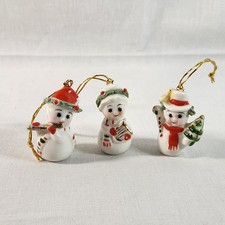 VTG Napco Spaghetti trim Snowmen 3 Pc Frosty Tree Harp Flute Ornament Figures picture