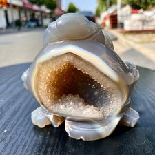 1.4LB Natural Amethyst agate geode quartz crystal Hand carved Golden Toad picture