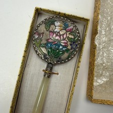 Vintage Chinese Enamel Lotus Hand Mirror Green Stone Handle Original Box 6.5 in picture