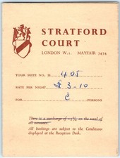 Vtg c1930s London Stratford Court Hotel Guest Card Services Mayfair England picture