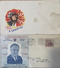 2x Vintage Envelopes World War II New Deal 1st Anniversary FDR 1934 picture