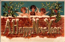 1908 HAPPY NEW YEAR ANGELS SNOW BRICK WALL EMBOSSED VICTORIAN ANTIQUE POSTCARD picture