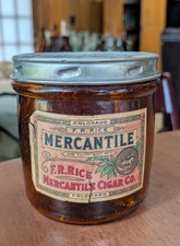 VINTAGE Amber Havana Cigar Jar, F.R. Rice Mercantile, St. Louis Mo, w/ Label/Lid picture