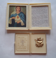 Vintage Virgin Mary Sacred Heart & Guardian Angel PRAYER Plastic Frame Antique picture