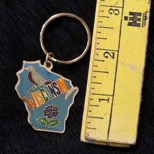 Vintage Wisconsin State Enamel Keychain Robin Violet Souvenir Taiwan picture
