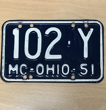 1951 Ohio Motorcycle License Plate 102 Y Original Paint Rare Very Nice Condition picture