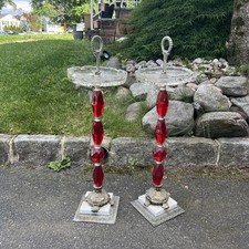 Set Of 2 Vintage 1950’s Smoking Stands Ashtrays W Ruby Red And Marble movie Prop picture