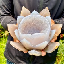 1.5LB Natural Banded Agate Hand-Carved Lotus Pendant Healing Crystal Ornament G picture
