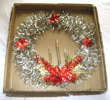 Vtg MCM Christmas FOIL TINSEL WREATH 3 MERCURY Glass Candles Large 17