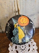 Antique 1920s Mini TINDECO Halloween Candy Tin Witch Jack O'Lantern Broom picture