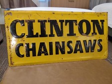 c.1950s Original Vintage Clinton Chainsaws Sign Metal Embossed Farm Halloween picture
