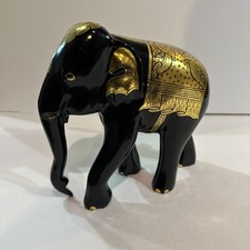 Vintage Handcrafted Thai Black and Gold Foil Lacquered Elephant Figurine 9” Tall picture