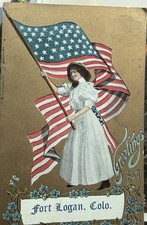 RARE VINTAGE PATRIOTIC POSTCARD US FLAG GREETINGS FROM FORT LOGAN COLORADO picture