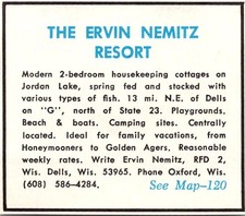 The Ervin Nemitz Resort Jordan Lake Ervin Nemitz Oxford WI c1970 WI Ad TAK5-S27 picture