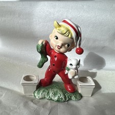 Vintage Christmas Pajama Bottom Candy Cane Boy Norcrest Ceramic Candle Holder picture