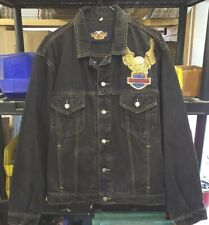 Harley Davidson Branded Black Denim Jacket Vintage Eagle Front And Back Size Med picture