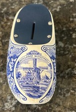 Vintage Delft Blue Style Wooden Clog Coin Bank Holland Windmill Folk Art with Ke picture
