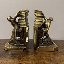 VTG PM CRAFTSMAN Cast Metal Brass Bookends, Colonial Librarian Falling Books USA picture