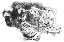 Victorian Social Scene Charcoal Sketch Drawing 36x24