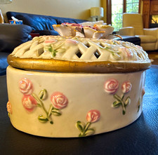 Antique Vintage Handmade Oval Ceramic Trinket Box with Roses Floral Pierced Lid picture