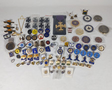 Huge Lot Freemason Masonic Memorabilia Ring Medals Coins Clasps Pins + Box picture
