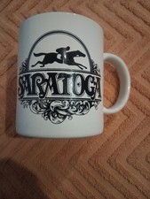 Vintage SARATOGA Souvenir WHITE Black Race Horse Mug, Cup Excellent Pre-owned. picture