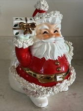 Vintage 1950s/1960s Mid-Century ceramic Spaghetti-Trim Santa Planter Candy Jar picture