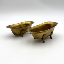 Pair Vintage Brass Miniature Clawfoot Bathtubs Soap Dishes Trinket Holders Set picture