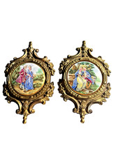 Vintage 18th Century Style Brass Wall Art Romantic Porcelain 24Kt Gold Rim 60's picture