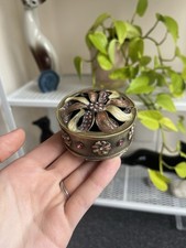 Vintage Y2K Brass Rhinestone Enamel Trinket Box Jewellery Box picture