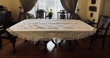 Vintage Jabara Brothers Lace Tablecloth White Oval 100” X 62”+ 6 Napkins New NWT picture