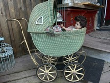 1900’s Antique Victorian Green Wicker Pram Baby Doll Buggy/Carriage Stroller 26