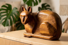 Vintage ‘78 Hand Carved Monkey Pod Wood Kitty Cat Statue Signed BM 78 Chunky 4lb picture
