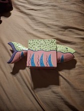 Vintage 90s Whimsical Wooden Fish Piggy Bank Hand Painted Folk Pastel Coin Box picture