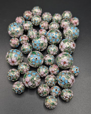 Assortment of Vintage Chinese Cloisonne Floral Design Silver Tone Beads - 40 pc picture