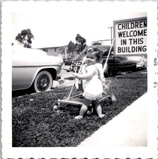 Cute Toddler Girl with Stroller Outside, 1955 B&W Snapshot Photo picture