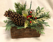 VTG PLASTIC GREENERY GLITTER GLASS BEAD PICK LOG PLANTER CHRISTMAS CENTERPIECE picture